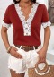 new sexy slim slight stretch 3-color stitching cut-out lace v-neck top_Rose Red