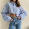 exquisite non-stretch solid color loose irregular splicing crop shirt_White_Green_Blue
