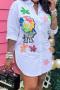 casual non-stretch flower fixed printing beaded decor lapel blouses_Black_White