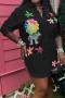 casual non-stretch flower fixed printing beaded decor lapel blouses_Black