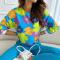 casual plus size non-stretch floral batch printing long sleeve shirt#1_Green_Blue
