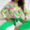 casual plus size non-stretch contrast color long sleeve shirt_Green
