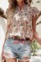 casual non-stretch floral batch printing crew neck ruffle blouses_Pink