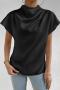 casual non-stretch satin solid color half-high collar blouses_Black