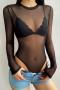 sexy slight stretch solid color mesh see-through tight bodysuit size run small_Black