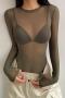 sexy slight stretch solid color mesh see-through tight bodysuit size run small_Black_Dark Green