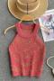 new sexy slight stretch bead halterneck knitted tank top_Black_Beige_Watermelon Red