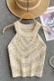new sexy slight stretch bead halterneck knitted tank top_Black_Beige
