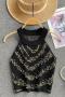 new sexy slight stretch bead halterneck knitted tank top_Black
