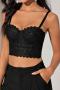 sexy slight stretch lace rhinestone underwire padded sling tight vest_Black