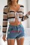 stylish slight stretch knitted stripe printed lace up crop top_Pink_Blue_Khaki