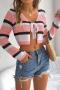 stylish slight stretch knitted stripe printed lace up crop top_Pink