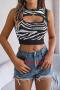 stylish slight stretch 3 colors hollow zebra printed knitted tank top_Black