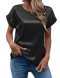 new casual plus-size slight stretch satin patchwork round neck blouse_Black