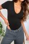 pure color high stretch v-neck stylish ribbed knitted casual slim bodysuit_Black