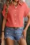 casual plus size non-stretch solid color single-breasted short-sleeved shirt_Black_White_Watermelon Red