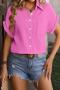 casual plus size non-stretch solid color single-breasted short-sleeved shirt_Black_White_Watermelon Red_Magenta