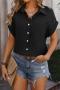 casual plus size non-stretch solid color single-breasted short-sleeved shirt_Black