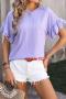 casual plus size slight stretch solid color jacquard ruffle sleeves t-shirt_Black_White_Magenta_Aqua Green_Light Purple