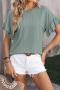 casual plus size slight stretch solid color jacquard ruffle sleeves t-shirt_Black_White_Magenta_Aqua Green