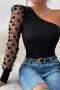 new sexy slight stretch 3-color patchwork dot mesh long sleeve top_Black