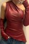 new casual slight stretch pu slanted collar sleeveless top(with sleeve cover)_Black_Red
