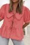new slight stretch striped peter pan collars lace-up bow knot short-sleeved top_Pink_Red