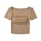 new high stretch padded pleated square neck short-sleeved top(size run small)_Black_White_Gray_Dark Gray_Pink_Red_Beige_Khaki 