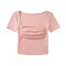 new high stretch padded pleated square neck short-sleeved top(size run small)_Black_White_Gray_Dark Gray_Pink