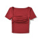 new high stretch padded pleated square neck short-sleeved top(size run small)_Black_White_Gray_Dark Gray_Pink_Red