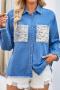 casual non-stretch lapel sequin pocket rough edge long sleeve denim jacket_Black_White_Blue