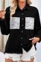 casual non-stretch lapel sequin pocket rough edge long sleeve denim jacket_Black