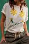 new casual non-stretch patchwork flower fixed printing round neck loose t-shirt_White