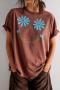 new casual non-stretch patchwork flower fixed printing round neck loose t-shirt_White_Brown