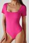 sports high stretch solid color tight square neck short sleeves bodysuit_Black_Gray_Magenta