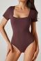 sports high stretch solid color tight square neck short sleeves bodysuit_Black_Gray_Magenta_Brown