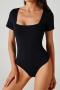 sports high stretch solid color tight square neck short sleeves bodysuit_Black