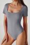 sports high stretch solid color tight square neck short sleeves bodysuit_Black_Gray