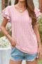 casual plus size non-stretch solid color v-neck ruffle sleeve hollow t-shirt_Black_White_Pink
