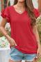 casual plus size non-stretch solid color v-neck ruffle sleeve hollow t-shirt_Black_White_Pink_Red