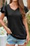 casual plus size non-stretch solid color v-neck ruffle sleeve hollow t-shirt_Black