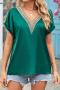 casual plus size slight stretch 10 colors lace v-neck rolled-edge loose t-shirt_Black_White_Pink_Rose Red_Magenta_Orange_Green
