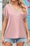 casual plus size slight stretch 10 colors lace v-neck rolled-edge loose t-shirt_Black_White_Pink