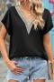 casual plus size slight stretch 10 colors lace v-neck rolled-edge loose t-shirt_Black