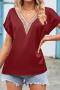 casual plus size slight stretch 10 colors lace v-neck rolled-edge loose t-shirt_Black_White_Pink_Rose Red