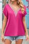 casual plus size slight stretch 10 colors lace v-neck rolled-edge loose t-shirt_Black_White_Pink_Rose Red_Magenta