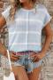 casual slight stretch knitted striped short-sleeved loose top_Black_White_Green_Sky Blue