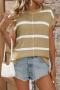 casual slight stretch knitted striped short-sleeved loose top_Black_White_Green_Sky Blue_Beige_Khaki 
