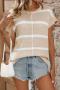 casual slight stretch knitted striped short-sleeved loose top_Black_White_Green_Sky Blue_Beige