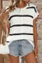 casual slight stretch knitted striped short-sleeved loose top_Black_White